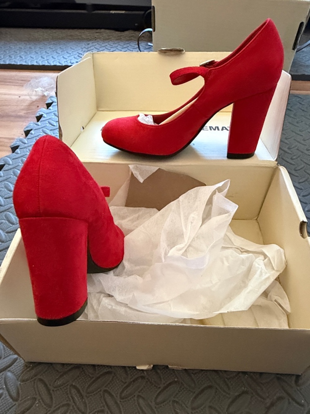 Red Suede Mary Jane Block Heel Pumps
